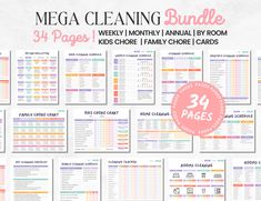 the mega cleaning bundle includes 34 pages, including family chores cards and printables