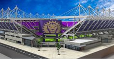 an artist's rendering of a stadium with a purple and yellow lion on it