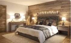 a bedroom with wood paneling and white bedding, two lamps on either side of the bed