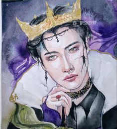 a watercolor painting of a man wearing a crown and holding his hand to his chin