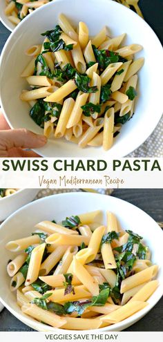 two bowls filled with pasta and spinach