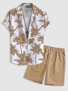 Tropical Coconut Tree Print Short Sleeve Hawaiian Shirt And Casual Shorts Two Pieces Set In LIGHT COFFEE | ZAFUL 2023 Tropical Print Shirt, Matching Pajamas, Shorts Set, Two Piece Outfit, Tropical Print, Summer Shirts