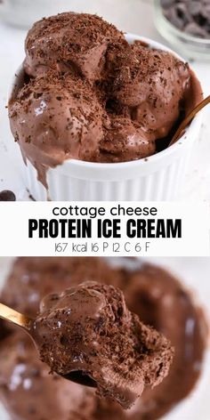 chocolate ice cream in a white bowl with a spoon full of it and the text cottage cheese protein ice cream