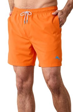 Take a refreshing dip in these sunny-day swim trunks designed with mechanical-stretch fabric, handy pockets and a comfy drawstring waist. 6 1/2" inseam; 24" leg opening; 12 1/2" front rise; 16" back rise (size Medium) Elastic/drawstring waist Side-seam pockets; back reverse-welt pocket Moisture-wicking fabric engineered for dryness and comfort UPF 30 sun protection Mesh liner 100% recycled polyester Machine wash, tumble dry Imported Beach Swim Trunks With Functional Drawstring, Relaxed Fit Swim Trunks With Drawstring For Swimming, Relaxed Fit Swim Trunks With Drawstring, Orange Swim Trunks With Elastic Waistband For Beach, Functional Drawstring Shorts For Pool And Beach Season, Orange Beachwear Swim Trunks For Sports, Orange Swim Trunks For Sports, Solid Color Swim Trunks With Pockets For Pool, Orange Short Swim Trunks