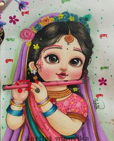 a painting of a girl playing flute with flowers in her hair and wearing a pink sari