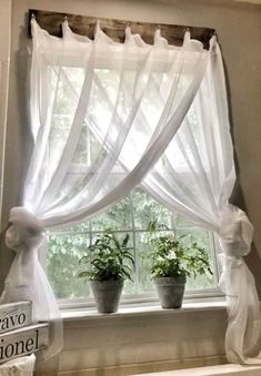 two potted plants sit on a window sill in front of a white curtain