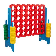 a red and blue toy rack with plastic cups on it