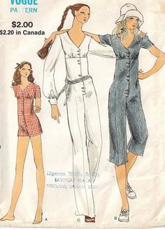 1970s Womens Empire Waist Jumpsuit in 3 Lengths Vogue Sewing - Etsy Fitted V-neck Jumpsuits And Rompers With Buttons, Fitted Jumpsuit And Romper With Button Closure And V-neck, Fitted Jumpsuit With Button Closure And V-neck, Fitted V-neck Jumpsuit With Button Closure, Retro Fitted Long Sleeve Jumpsuits And Rompers, Vintage Bathing Suit Patterns, Diy Romper, 70s Inspiration, 1980 Fashion