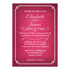 a red and white wedding card with the words elizabeth and james written in pink ink