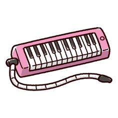 an electronic keyboard with a cord attached to it's side and the keys are pink