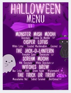 the halloween menu is shown in purple