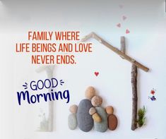 a cross, rocks and hearts on a white background with the words good morning written below it