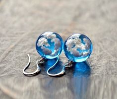 Blue Cloudy Sky Sphere Dangle Earrings - Froppin Blue Sky White Clouds Aesthetic, Whisky Spender, Blue Cloudy Sky, Cloud Earrings, Terrarium Jewelry, Earrings Nature, Jewelry Care Instructions, Cloudy Sky, Sorority Gifts