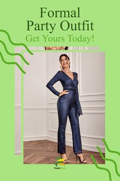 Dazzle at your next formal party with this stunning Long Sleeve Sequined Jumpsuit. Perfect for a women's party outfit, this formal party wear will make you stand out from the crowd. This jumpsuit is an essential piece of clothing, combining timeless design and sequins to provide a glamorous and versatile look. This versatile going-out outfit is the perfect addition to any woman's outfit by occasions collection. Stand out and feel confident in this beautiful jumpsuit at your next event. Chic V-neck Jumpsuits And Rompers For Holiday, Summer Party Long Sleeve Jumpsuits And Rompers, Summer Party Jumpsuits And Rompers With Long Sleeves, Glamorous Holiday Party Jumpsuits And Rompers, Fitted V-neck Jumpsuits For Party, Elegant Party Jumpsuits And Rompers With V-neck, Elegant V-neck Jumpsuits And Rompers For Party, Elegant Fitted Jumpsuits And Rompers For Party, Fitted V-neck Jumpsuits And Rompers For Party