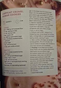 the recipe for copycat crumbl sugar cookies is shown in an open book