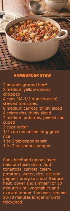 the recipe for hamburger stew is shown on a table