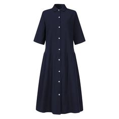 Women's Summer Holiday Dress Stand Collar Mid Sleeve Solid Midi Shirt Dress Collared Cotton Shirt Dress In Solid Color, Cotton Button-up Solid Color Dresses, Cotton Solid Color Shirt Dress For Daywear, Cotton Shirt Dress In Solid Color For Daywear, Knee-length Cotton Solid Color Shirt Dress, Knee-length Cotton Shirt Dress In Solid Color, Casual Collared Solid Color Dress, Knee-length Solid Color Shirt Dress For Daywear, Solid Color Button-up Relaxed Fit Dress