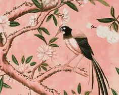 a painting of a bird sitting on a tree branch with white flowers in the background