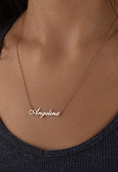 This personalized name necklace is 14k Solid GOLD ( not filled or plated).  Personalized solid gold necklace in 14k Gold, Rose Gold, White Gold.   #personalizednecklace #14kgoldnecklace #personalizedchoker #customnecklace #personalizedjewelry #personalizedgift #namenecklace #initialnecklace  #lovegifts #personalizedpendant #birthdaygiftromantic #romanticgifts #giftsforbestfriend Custom Name White Gold Nameplate Jewelry, Customized Rose Gold Jewelry For Personalized Gift, White Gold Name Necklace Custom Name Gift, Custom Name White Gold Necklace For Personalized Gift, Personalized White Gold Necklace With Custom Name, Custom Name White Gold Necklace Gift, Customizable Dainty Rose Gold Necklace, Dainty Customizable Rose Gold Necklace, Sterling Silver Name Necklace For Birthday Gift