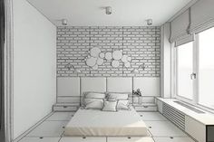 a drawing of a bedroom with brick wall and white bedding, windows, and nightstands