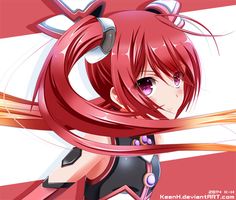 an anime character with long red hair and horns on her head, holding a pink ribbon