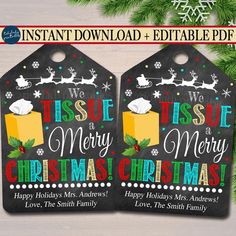 two christmas gift tags with the words tise merry and santa's sleigh