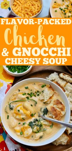 a bowl of chicken and gnocchini cheese soup on a table with bread