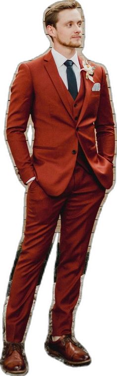 Brown Three-piece Suit For Groom, Brown Three-piece Suit For Groom With Suit Collar, Brown Three-piece Suit With Suit Collar For Groom, Brown Tuxedo Suit For Groom, Brown Notch Lapel Suit For Groom, Classic Fitted Orange Suit, Orange Suit For Men, Rust Orange Suit, Rustic Groomsmen