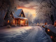 a house is lit up with christmas lights in the snow and surrounded by snowy trees