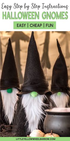 three halloween gnomes with green eyes and black hats