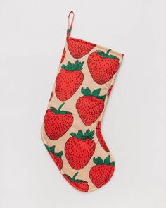 pink strawberry print holiday stocking Scrap Material, Holiday Stocking, Holiday Stockings, Strawberry Print, Candy Stripes, Christmas Socks, 50th Gifts, Deck The Halls, Paper Goods