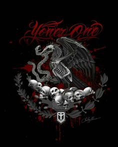 a black background with skulls and a bird on it, the words never one written in red