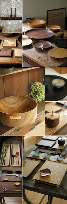 many different pictures of wooden bowls and trays on the table with chopsticks in them