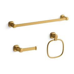 two brass bathroom accessories including toilet paper holder, towel ring and tissue dispenser