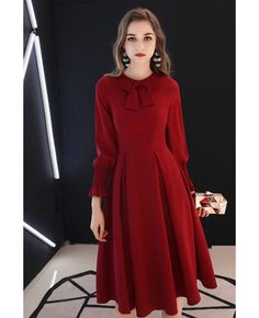 Shop Retro Knee Length Burgundy Party Dress With Long Sleeves Bow Knot online. All instock with free shipping. Pro since 2009. Long Sleeve Burgundy Dress, Burgundy Party Dress, Burgundy Party, Party Dresses With Sleeves, Dark Red Dresses, Red Dress Long, Maxi Dress Outfit, Red Dress Maxi, Dress With Long Sleeves