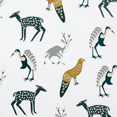 an image of birds and deers on a white wallpaper background that is very similar to the pattern used in children's books