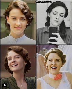 four pictures of women with different hairstyles and hair styles, one has a cell phone in her hand