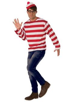 a man in a red and white striped shirt is standing with his hands out to the side