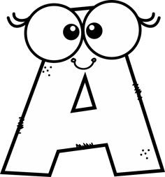 the letter a with eyes and horns on it's face is outlined in black and white