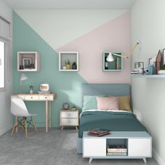 a bedroom with pastel colors and furniture