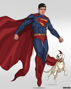 a man in a superman suit running with his dog on the other side of him