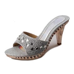 Women Elegant High Heel Mules Slides Thick Heel Rhinestone Sandals High Heel Crystal Sandals With Rhinestones, Summer Rhinestone Heels, Summer Crystal Heels With Rhinestones, Summer Formal Crystal Sandals, Embellished Crystal Open Toe Sandals, Crystal Sandals For Formal Summer Events, Crystal Open Toe Heels For Summer, Elegant Crystal Sandals With Bling, Silver Crystal Sandals