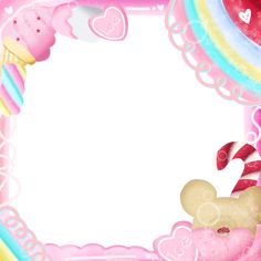 a pink frame with candy and candies on it