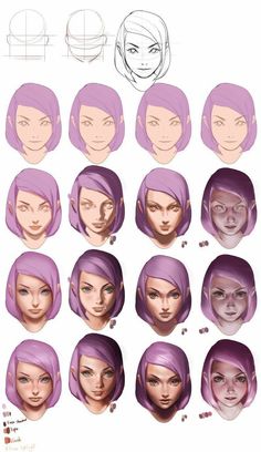 various facial expressions and hair styles for an animation character, including the head with purple hair