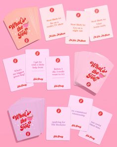 what's the tea? card game with matching cards and envelopes on pink background