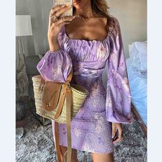 Long Sleeve Purple Dress Casual, Shirring Dress, Gathered Dress, Chic Type, Wardrobe Ideas, Hip Dress, Dress Silhouette, Lantern Sleeve, Lantern Sleeves