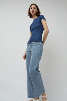 High waist relaxed leg jean in 100% recycled cotton denim. The perfect light blue wash. Classic 5 pocket construction with embroidered OpéraSPORT logo at back patch pockets. Modern Light Wash Cotton Jeans, Everyday Denim Blue Cropped Rigid Jeans, Blue Relaxed Fit Jeans With Contrast Stitching, Modern Mid-rise Blue Jeans, Modern Blue Straight Leg Jeans, Modern Blue Mid-rise Jeans, Modern High Rise Blue Jeans, Everyday Denim Blue Cropped Jeans, Everyday Cropped Jeans In Denim Blue