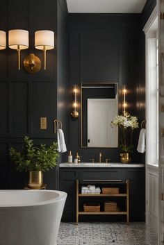 Dark Accent Wall Powder Room, Moody Bathroom Modern, Charcoal And Gold Bathroom, Light Floor Dark Walls Bathroom, Dark And Gold Bathroom, Moody Transitional Bathroom, Sherwin Williams Urbane Bronze Bathroom, Urban Bronze Bathroom Walls, Black Bathroom Color Schemes