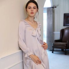 size bust Length sleeve shoulderS 88 112 58 34M 92 113 59 35 L 96 114 60 36XL 100 115 61 37CM Purple Long Sleeve Nightgown For Sleep, Summer Prom Dress, Nightgown Long, Vintage Trousers, Denim Pants Women, Nightgowns For Women, Solid Color Dress, Home Wear, Dress First