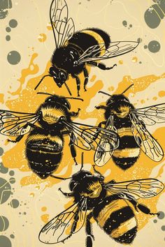 three bees on a yellow background with black and white ink splatters around them